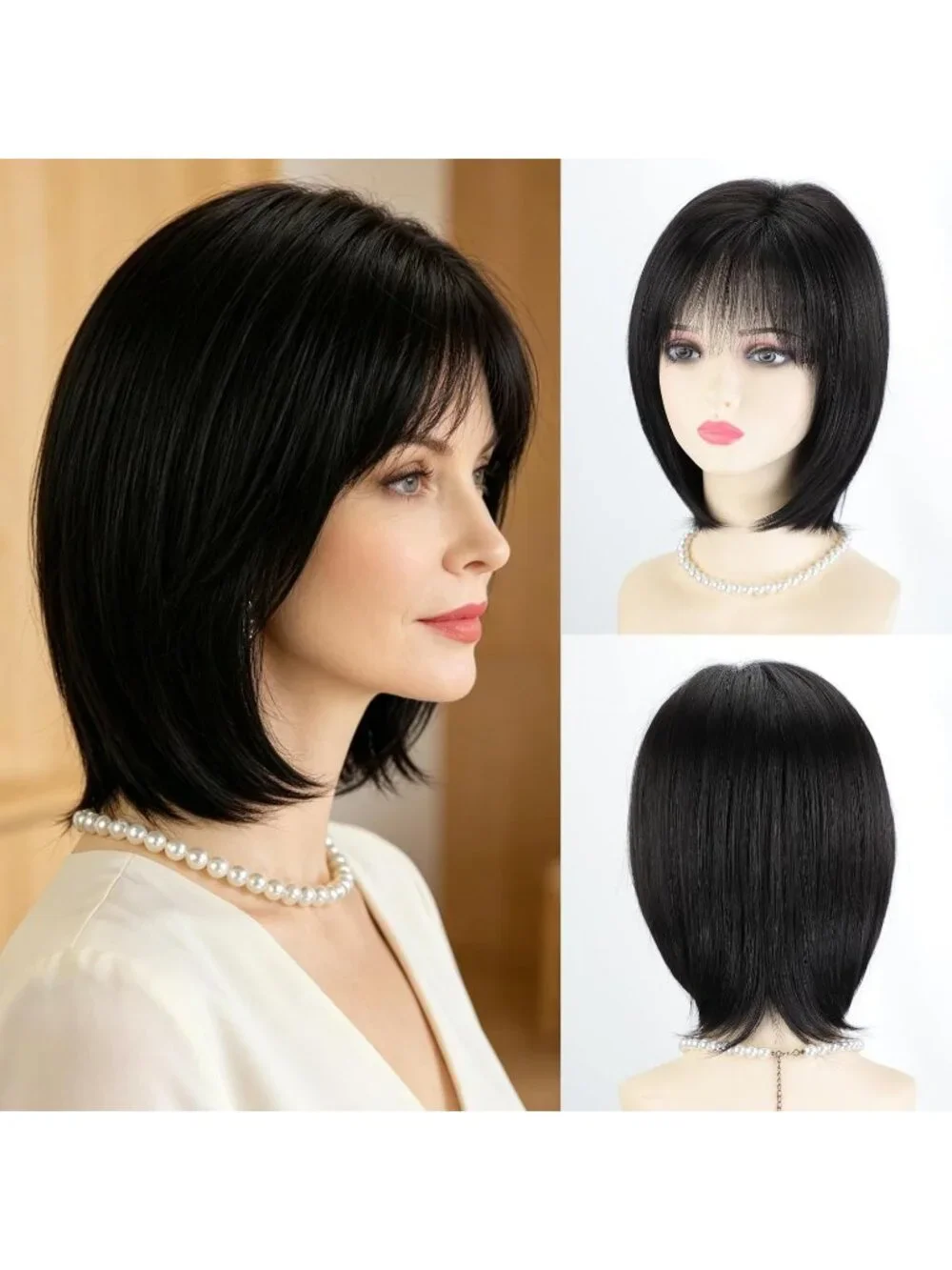 Women's Black 12 Inch Mid Length Heat Synthetic Straight Layered Bob Wigs